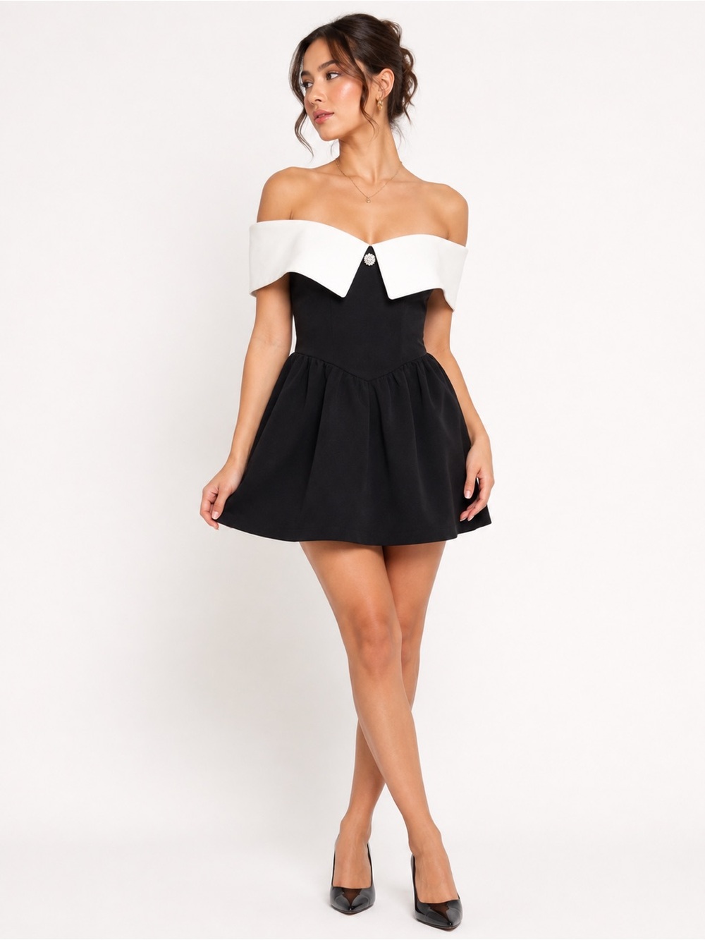 Black and White Off-Shoulder Party Dress